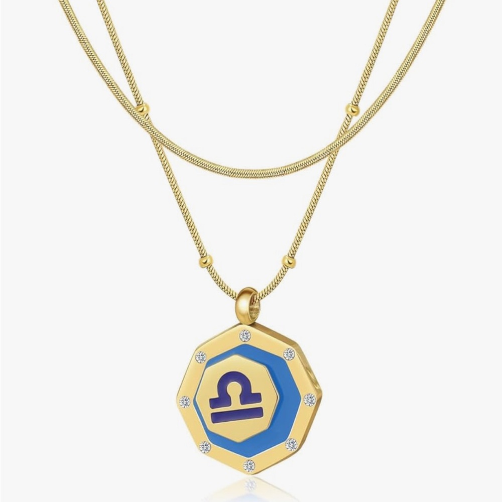 Libra- Gold Enamel CZ Zodiac Pendant
Beaded Chain Necklace + FREE Snake Chain
